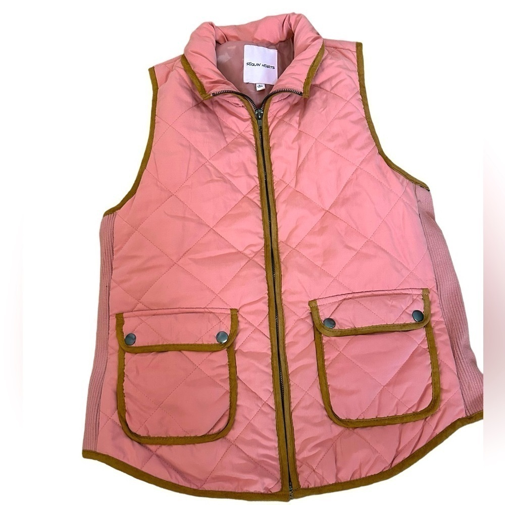 Sequin Hearts Dusty Rose Pink Quilted Vest With Brown Trim Size Medium NWOT
